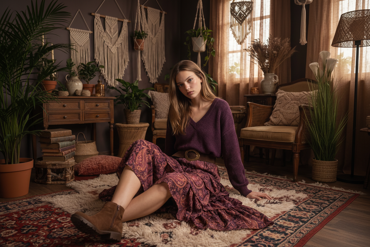 Model wearing purple knit sweater and paisley skirt in a bohemian styled room